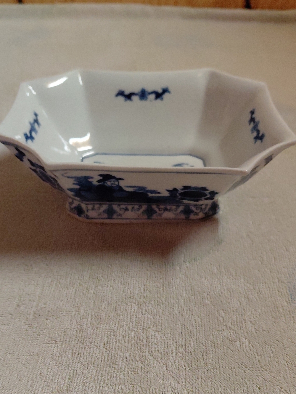 Vintage Octagonal Chinese Porcelain Bowl Featuring Hand Painted Scenes